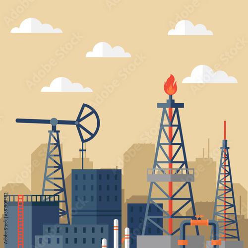 Industrial factories silhouette background. Oil and petroleum industry. Oil refinery complex with pipes and tanks gas production rigs with endless steel landscape. Petroleum fuel industry pipeline