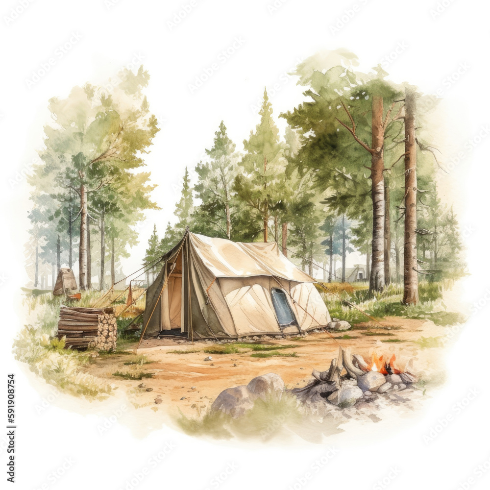 Camping tent in the forest watercolor Generative AI