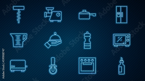 Set line Bottle of olive oil, Microwave oven, Frying pan, Covered with tray, Measuring cup, Wine corkscrew, Pepper and Kitchen meat grinder icon. Vector