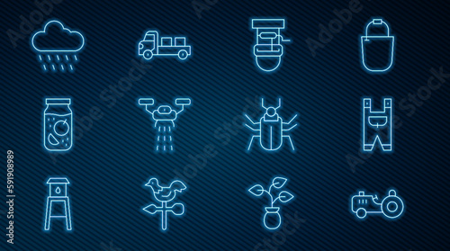 Set line Tractor  Garden worker clothes  Well with bucket  Smart farm drone  Jam jar  Cloud rain  Insect fly and Pickup truck icon. Vector