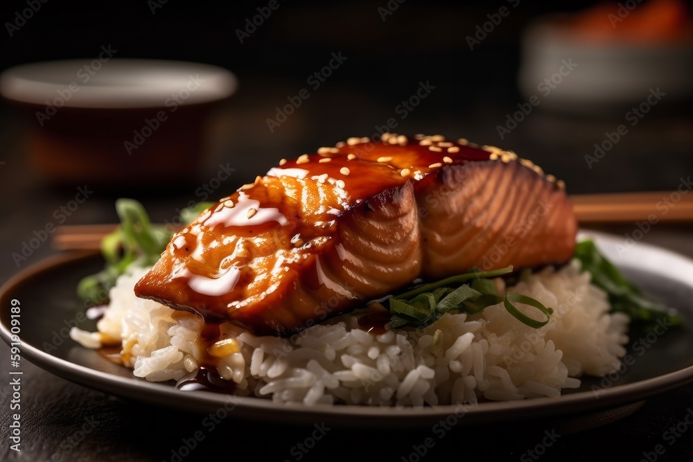 Photo of a delicious sushi dish with fresh salmon and rice created with Generative AI technology Photo of a delicious sushi dish with fresh salmon and rice created with Generative AI technology