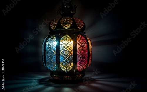 An illuminated Arabic lantern on black background. Generative AI.