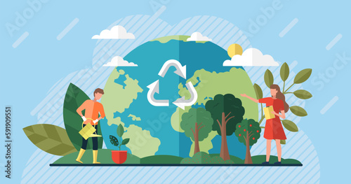 Green planet with recycle symbol  tiny persons take care of Earth  save nature  clean ecology concept. Reusable cycle visualization for environmental protection  zero waste nature friendly lifestyle
