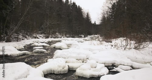 River view at rapids of Nukarinkoski with ice and snow in winter, Nurmijärvi, Finland. photo