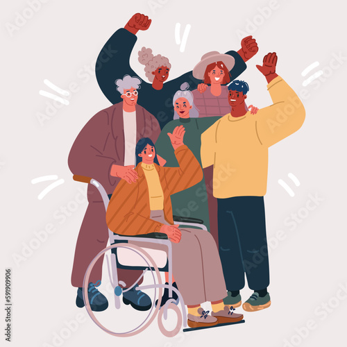 Vector illustration of Diversity. People stand side by side together, woman in wheelchair.