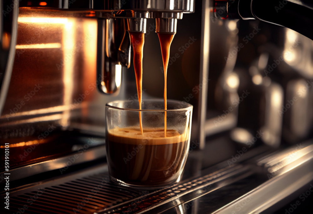 coffee espresso poured from cafe machine in restaurant or bar. Generative AI coffee espresso poured from cafe machine in restaurant or bar. Generative AI