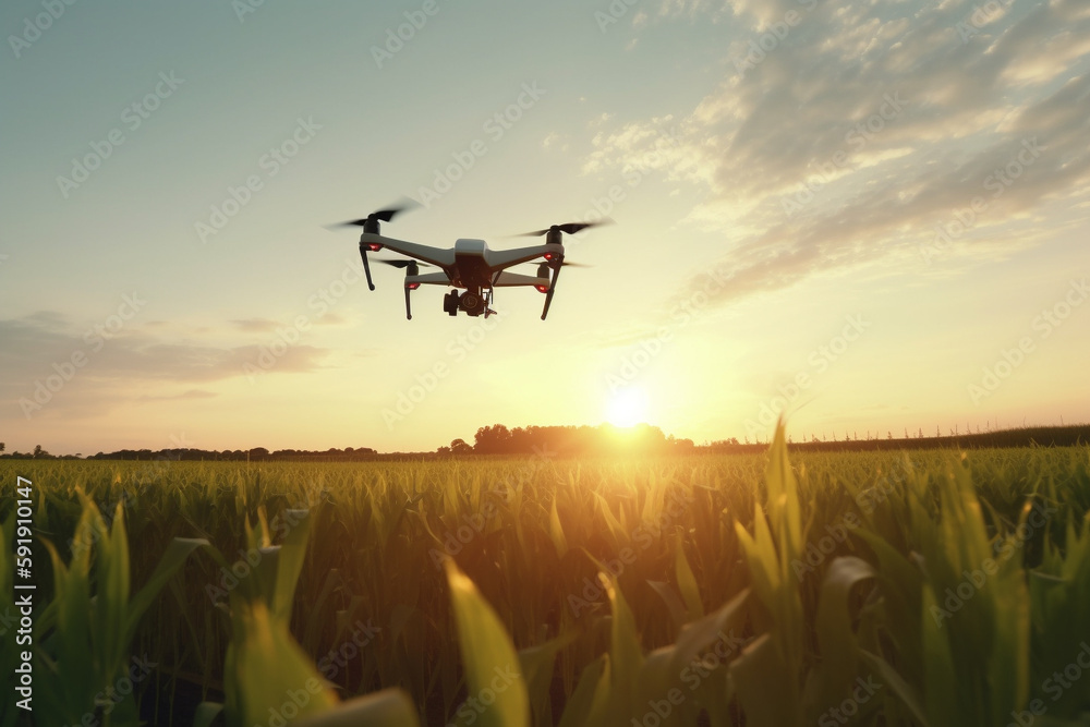 Future technology in agriculture, dron flying over crop fields. Generative AI