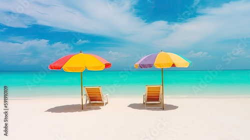 Chairs and umbrella on a paradise beach. Generative AI © Farnaces