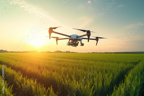 Future technology in agriculture, dron flying over crop fields. Generative AI