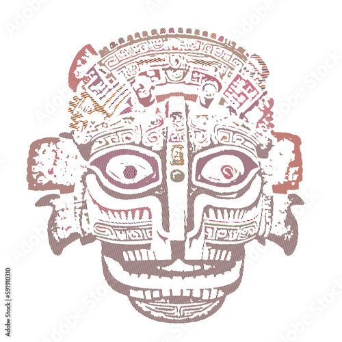 Traditional ancient aztec mask. Isolated on white. Striped lines design. Linear Vector illustration.