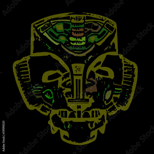 Traditional ancient aztec mask. Isolated on black. Striped lines design. Linear Vector illustration.