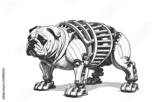 Biomechanical Bulldog cyborg. Doodle sketch. Vector illustration.