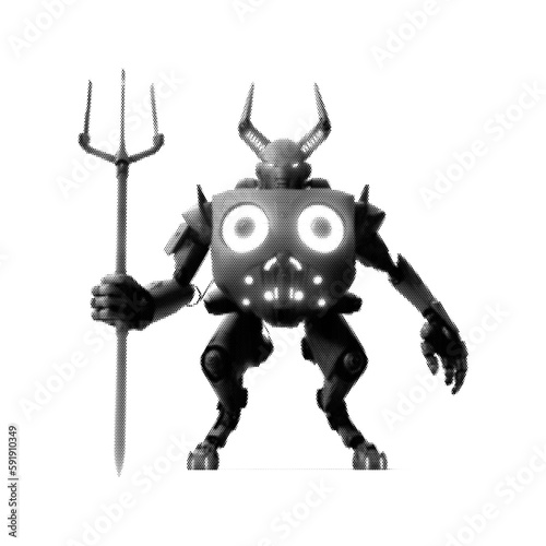 Warrior robot with horns holding a trident. Isolated on white background. Vector illustration. Halftone design.