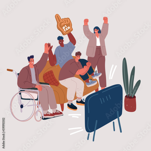 Vector illustration of Inclusive football fans watch sport show on TV. Man and woman. Character in wheelchar. People get together.