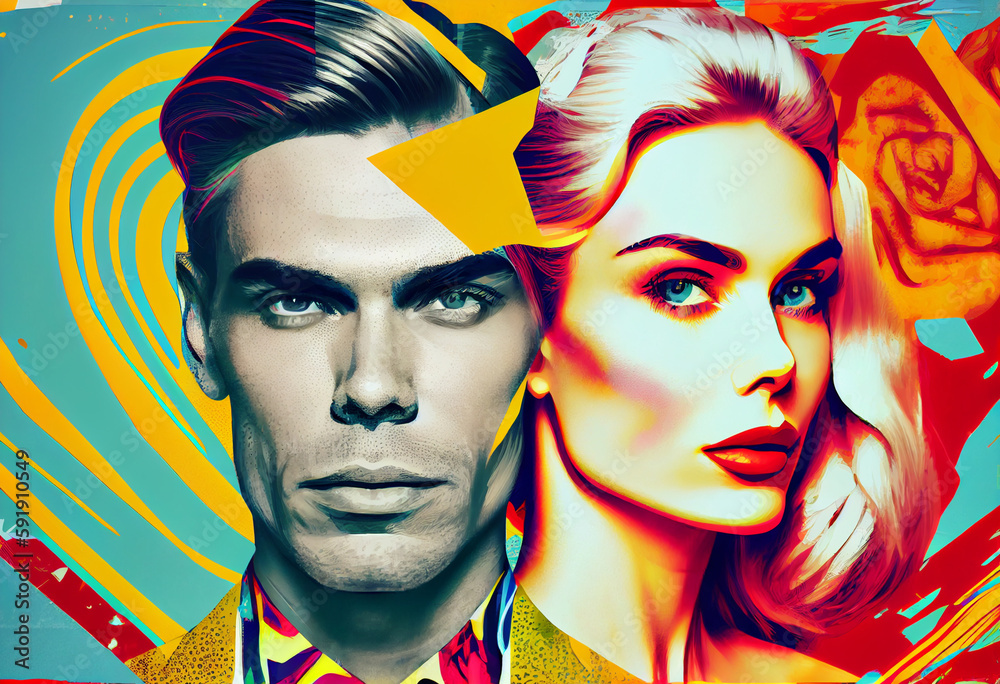 Fototapeta premium Pop up style creative poster of woman and man face. Generative AI