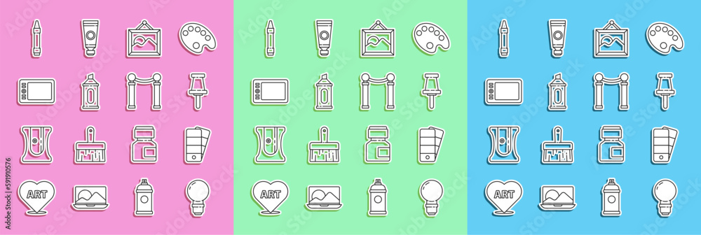 Set line Light bulb, Palette, Push pin, Picture landscape, Marker pen, Graphic tablet, Wax crayons for drawing and Exhibition of paintings icon. Vector Set line Light bulb, Palette, Push pin, Picture landscape, Marker pen, Graphic tablet, Wax crayons for drawing and Exhibition of paintings icon. Vector