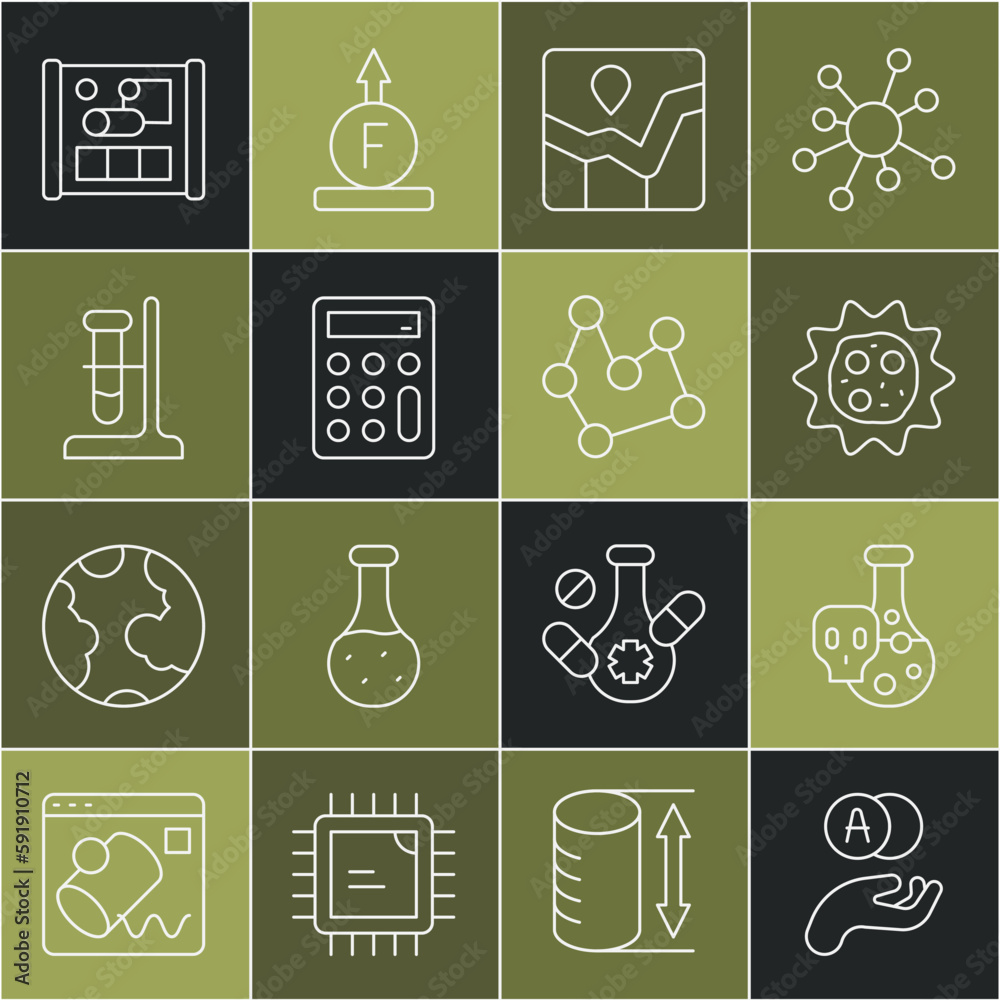 Set line Atom, Test tube with toxic liquid, Virus, Graph chart infographic, Calculator, flask on stand, Graphing paper for engineering and Chemical formula icon. Vector Set line Atom, Test tube with toxic liquid, Virus, Graph chart infographic, Calculator, flask on stand, Graphing paper for engineering and Chemical formula icon. Vector