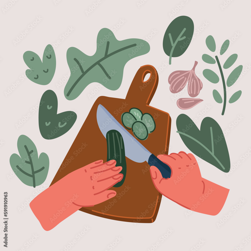 Vector illustration of Hands Cutting cucumber icon by knife on cutting board Vector illustration of Hands Cutting cucumber icon by knife on cutting board