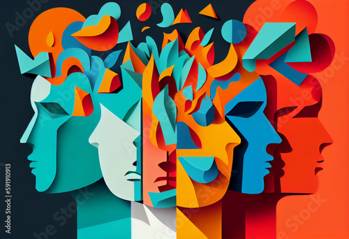 Colorful abstract collage with human faces profile. Pop art modern and creative poster. Generative AI