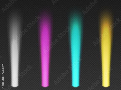 Four colored searchlights in the air. Cone lights from bottom with darkened edges.. Volumetric spotlight effect on dark background. Empty studio or concert scene. 3d rendering.