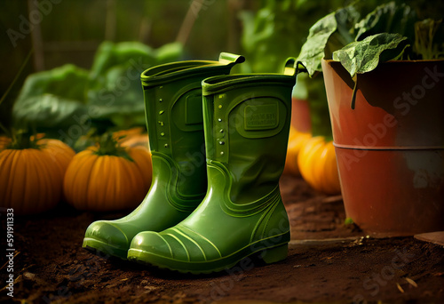 Gardener rubber boots in hoe garden, gardening hobby and leasure concept. Generative AI