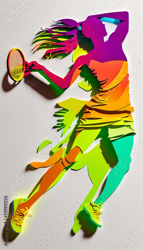 Woman dunking in tennis. Female engaged in some physical activity made of paper cut-outs in a wide range of vibrant colors. Ai generated.