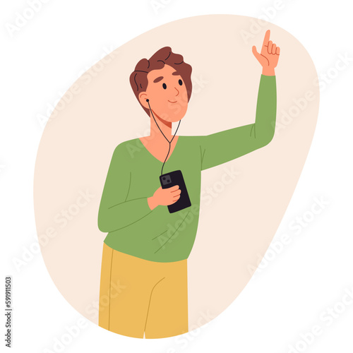 Dancing man enjoy favorite music. Male character listening music with headphones, guy dancing with earphones flat vector illustration