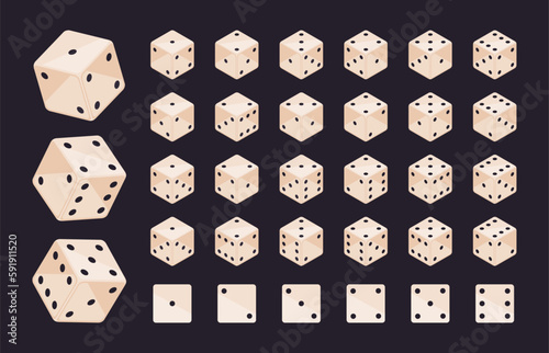 Isometric gambling dice. Casino games cube pieces, backgammon dice. Board games and poker dice 3d vector illustration set