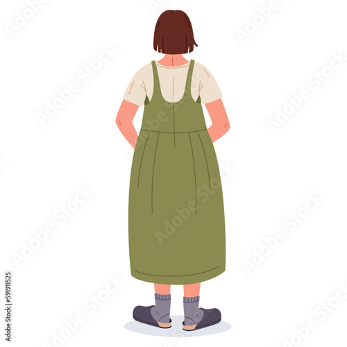 Girl view from behind. Female character back side position. Stunning woman flat vector Illustration on white background