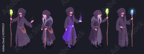 Isometric magic wizard and witch. Witchcraft magician characters, witch and wizard with magic stick 3d vector illustration set