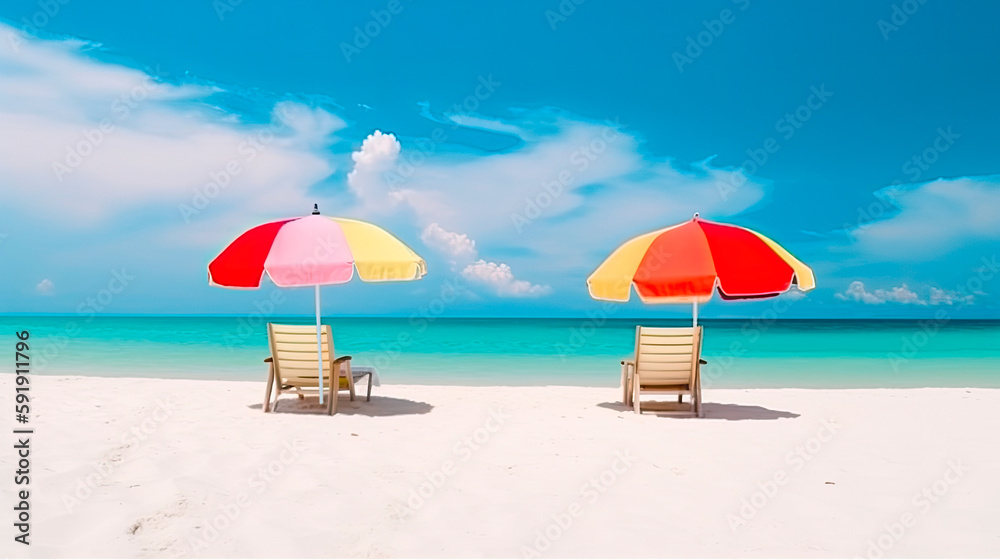 Chairs and umbrella on a paradise beach. Generative AI