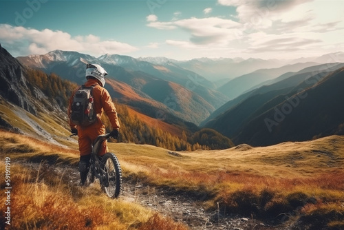 Biker on a mountain trail, waiting to go downhill while surrounded by a stunning landscape. Ai generated