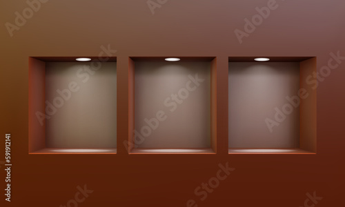 Three empty niches or shelves on brown wall with led spotlight 3D mockup. Shop, gallery showcase to present product. Blank retail storage space. Interior design furniture. Living room bookshelf