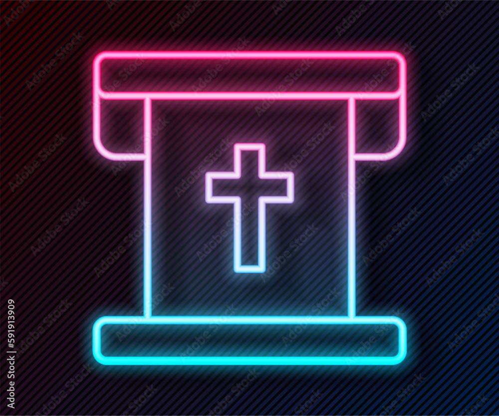 Fototapeta premium Glowing neon line Flag with christian cross icon isolated on black background. Vector