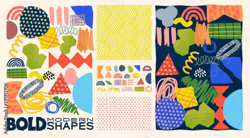 A collection of bold and playful collage cut out shapes, textures and patterns. Layout vector illustration.