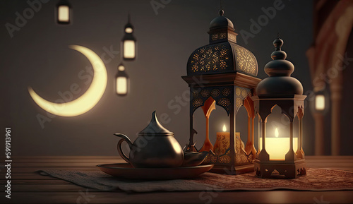 Islamic holiday Ramadan kareem event background  decorate with Arabic lantern  moon  crescent  and mosque dome  festive greeting card design  Eid Mubarak scene  with Generative AI.