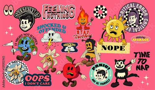 A set of vector retro cartoon stickers and playful characters including a flower, bee and cat with uninspiring messages.