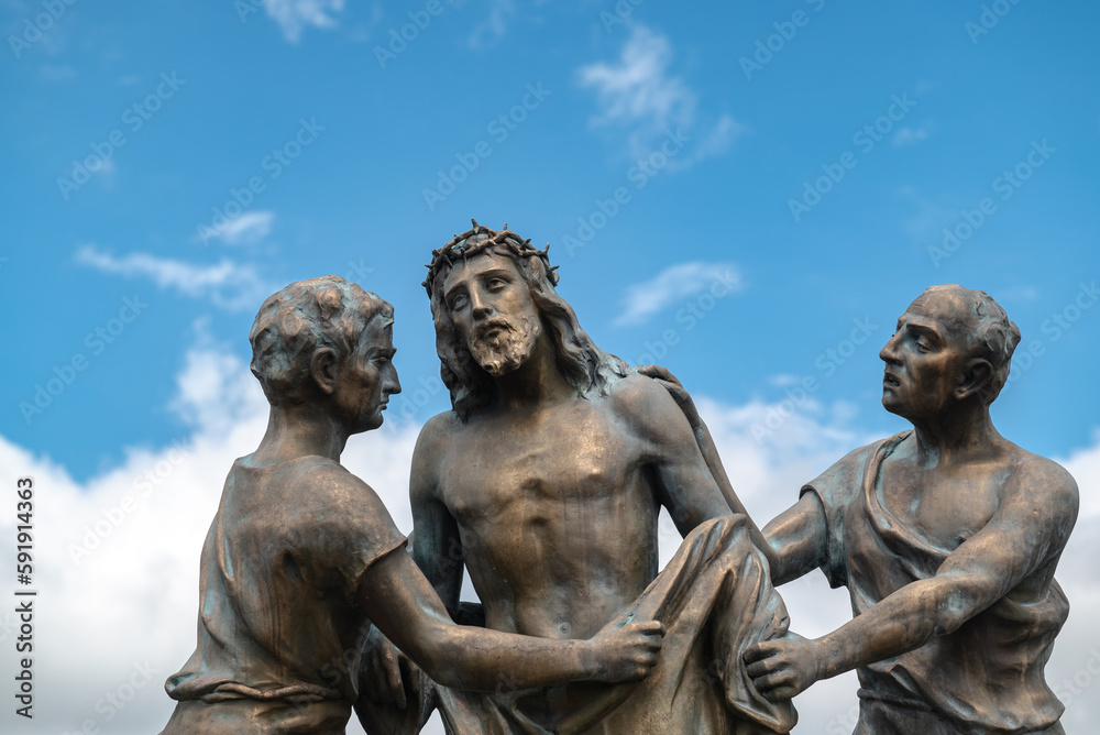 Close up Jesus is stripped of his garments on the Way of Sorrow in Monserrate, Bogota