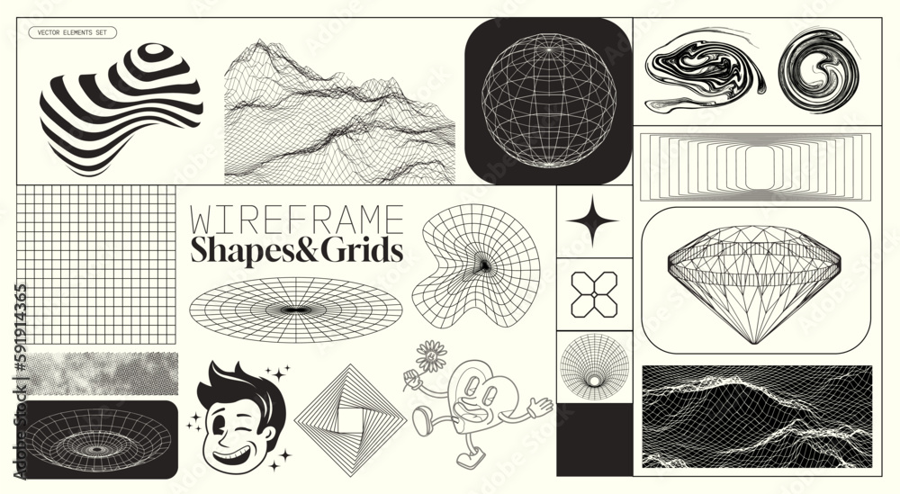 A collection of futuristic Y2K wireframe patterns and geometric grids for layouts and design. Vector illustration kit
