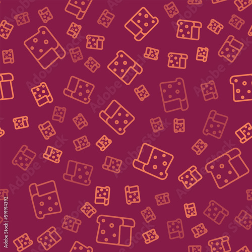Brown line Bread toast for sandwich piece of roasted crouton icon isolated seamless pattern on red background. Lunch, dinner, breakfast snack. Vector