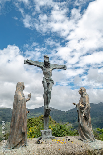 Statue of Crucifixion of Jesus Christ on the Way of Sorrows in Monserrate Mountain. Jesus dies on the Cross