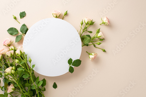 The epitome of elegance: a photograph from above showcasing lovely miniature roses on a serene beige backdrop, complete with an empty circle perfect for advertising