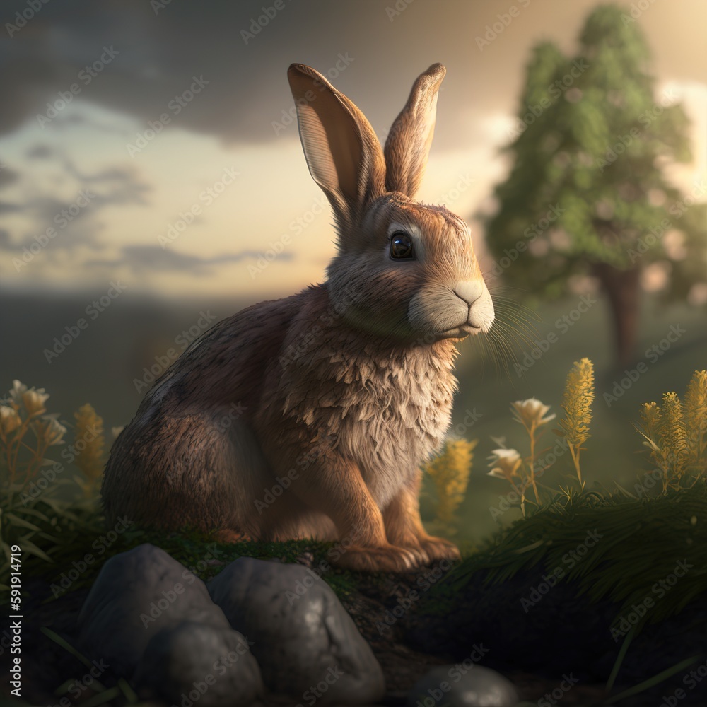 Obraz premium A young brown rabbit smiles on the grass in spring. generation al.