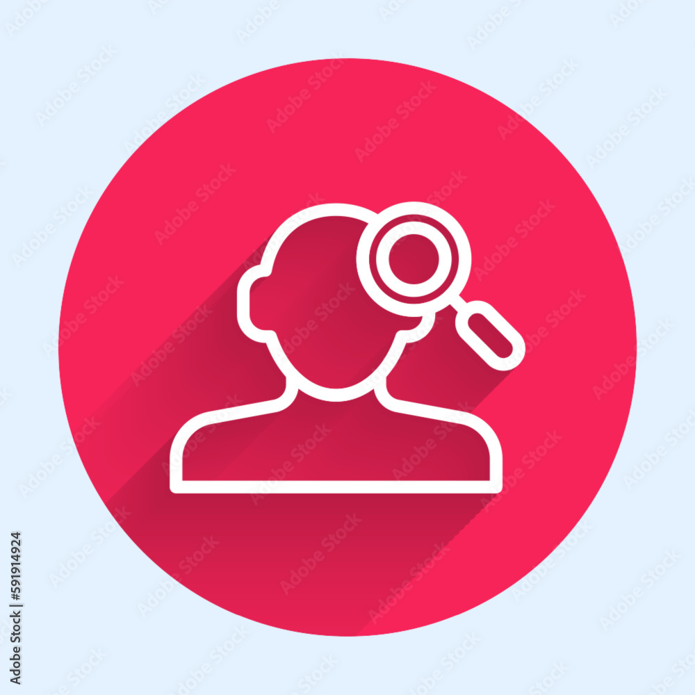 White line Finding a problem in psychology icon isolated with long shadow background. Red circle button. Vector White line Finding a problem in psychology icon isolated with long shadow background. Red circle button. Vector
