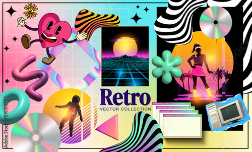 A collection of retro postmodern stickers, shapes and textures with styles from the 80s and 90s. Vector illustration photo
