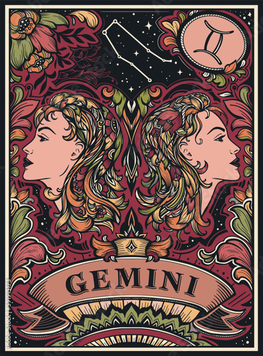 Beautiful colorful pre-made card with Gemini zodiac sign illustration and flowers in ornate victorian style.