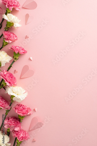 Mother's Day concept. Top vertical view flat lay of delightful carnation flowers, and pink paper hearts on a soft pastel pink background with copyspace © ActionGP