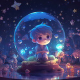 Young boy with lightning crystal illustration. Generative AI.