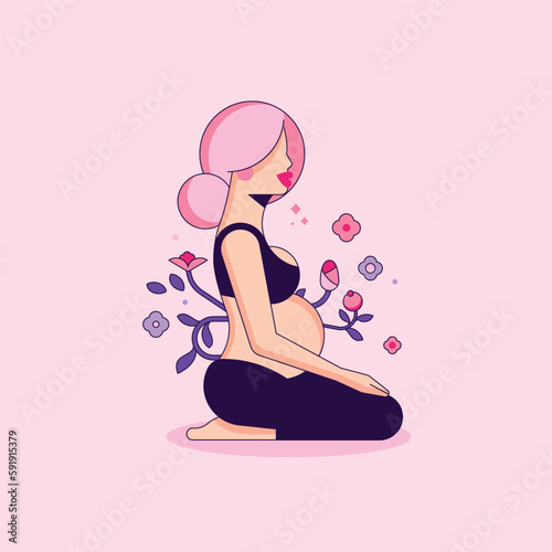 Pregnant Woman Doing Yoga Exercise. Hatha yoga Minimalistic Geometric Lady. Floral Background. Flat cartoon vector illustration with stroke. 