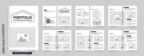 Simple architecture portfolio interior booklet vector with dark colors. Real estate architect profile brochure template design with photo placeholders. The architecture project magazine for marketing.